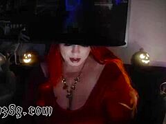 Tight boobed MILF in costume teases on camera