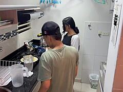 Mature Latina with big tits gets seduced by stepbrother in kitchen