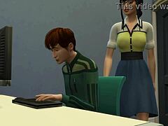 אימא חורגת יפנית ובנה החורג מתאוננים מול המחשב